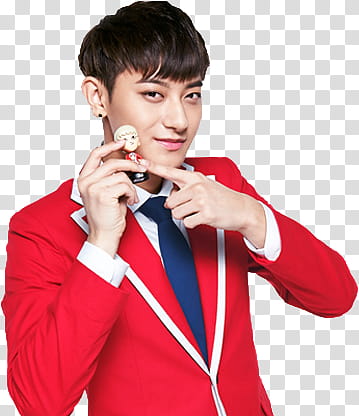 EXO KFC CHINA, man wearing red suit jacket holding bobblehead transparent background PNG clipart