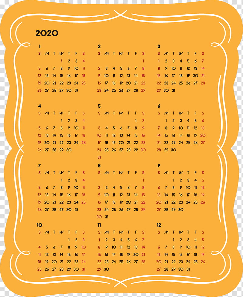 2020 yearly calendar Printable 2020 Yearly Calendar Year 2020 Calendar, Yellow, Orange, Line, Rectangle transparent background PNG clipart