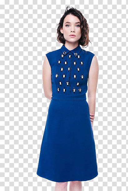 astrid berges frisbey , woman wearing blue collar sleeveless dress transparent background PNG clipart
