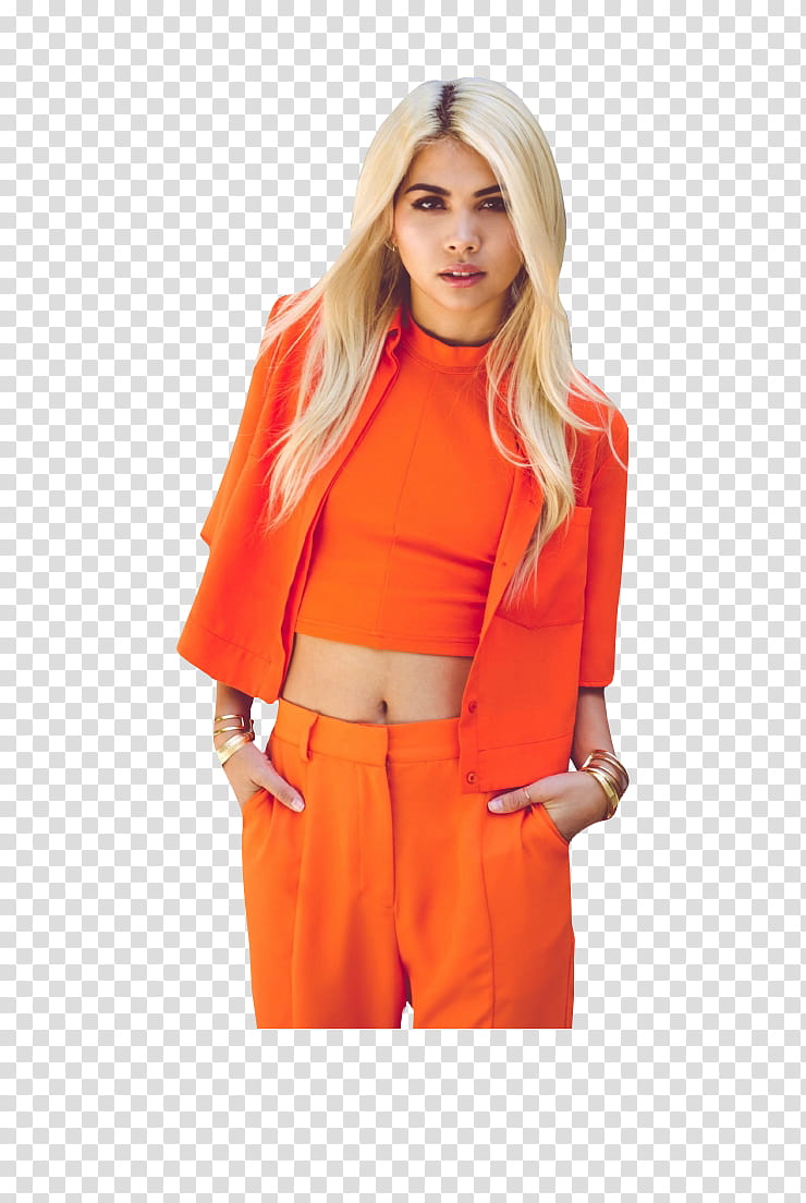 Hayley Kiyoko, standing woman wearing orange blazer, shirt, and pants outfit transparent background PNG clipart