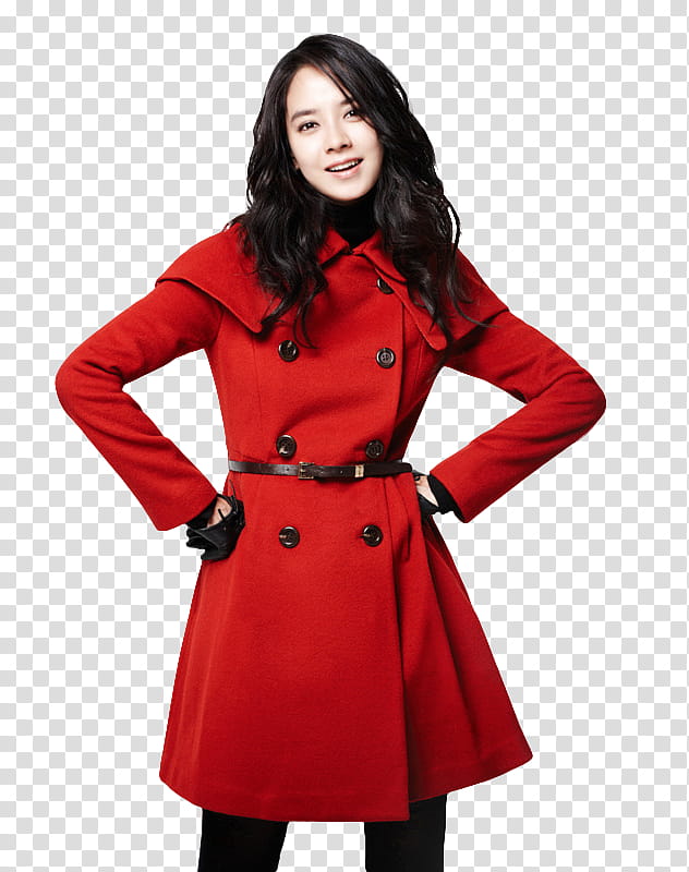 Render Song Ji Hyo Actress, woman in red trench coat transparent background PNG clipart