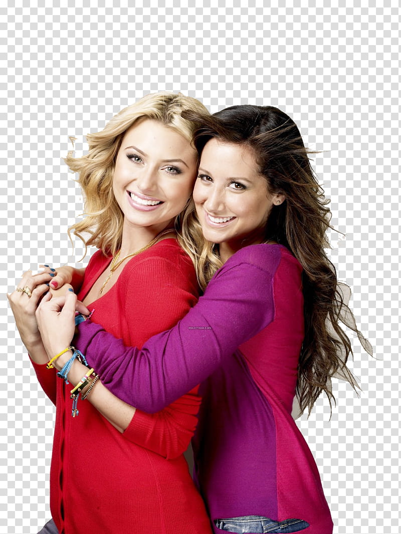 Aly y Ashley Tisdale , two smiling girls wearing red tops transparent background PNG clipart