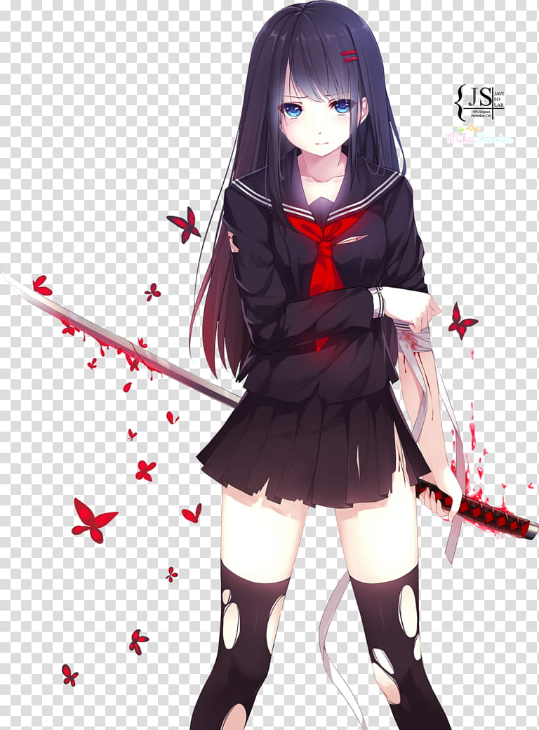 Bloody Butterfly (Ver.), Anime Render, long purple-haired female anime character holding katana sword illustration transparent background PNG clipart