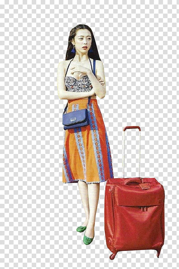 FX Sulli Ceci Magazine HQ, woman standing near red luggage trolley transparent background PNG clipart