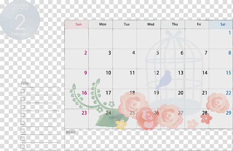 text pink paper product petal, February 2020 Calendar, February 2020 Printable Calendar, Watercolor, Paint, Wet Ink transparent background PNG clipart