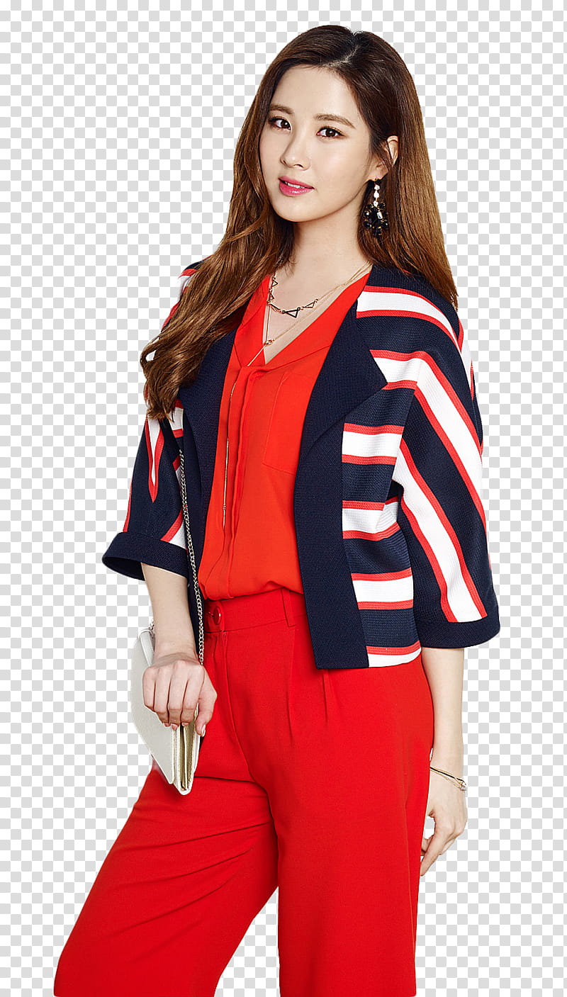 Seohyun  s, woman standing wearing red deep V-neck top and pants transparent background PNG clipart