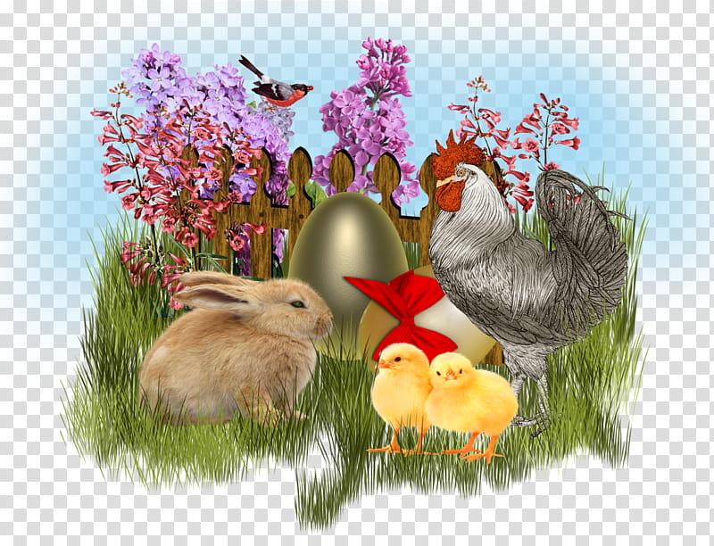 rabbit, chicks, and chicken near flowers artwork transparent background PNG clipart