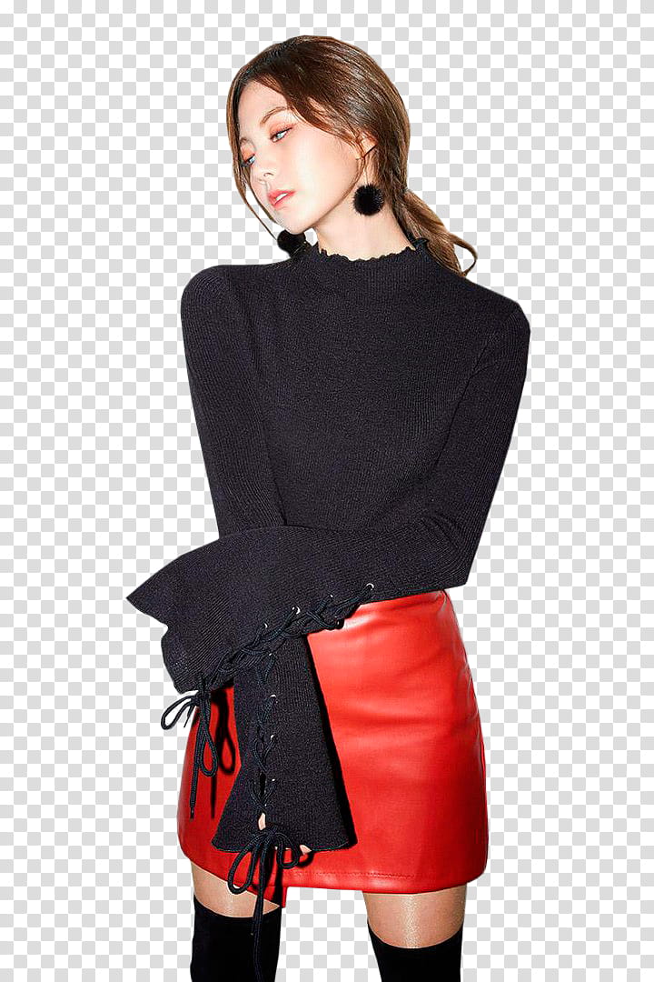 CHAE EUN, woman wearing black cape-sleeved shirt and red leather skirt transparent background PNG clipart