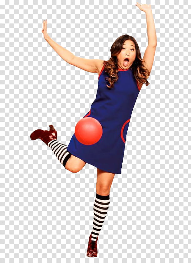 Glee Dodgeballs, woman jumping hands up beside red ball transparent background PNG clipart
