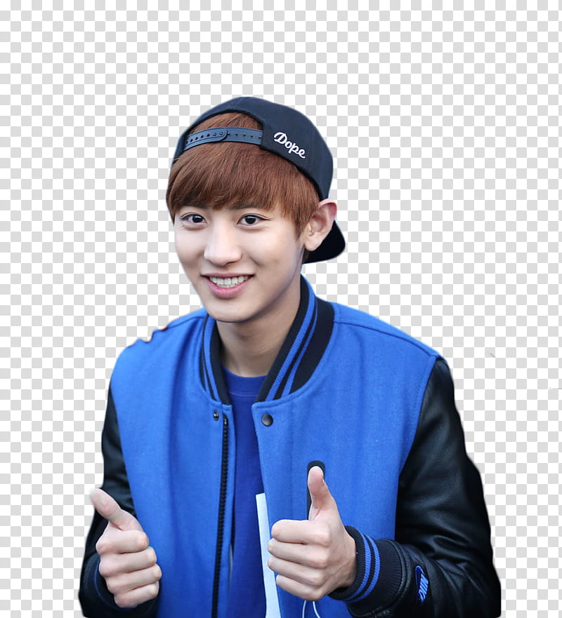 Chanyeol, EXO band member wearing cap and blue varsity jacket transparent background PNG clipart