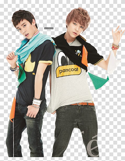 Teen Top LjoeChunji, two men wearing T-shirts and black jeans transparent background PNG clipart