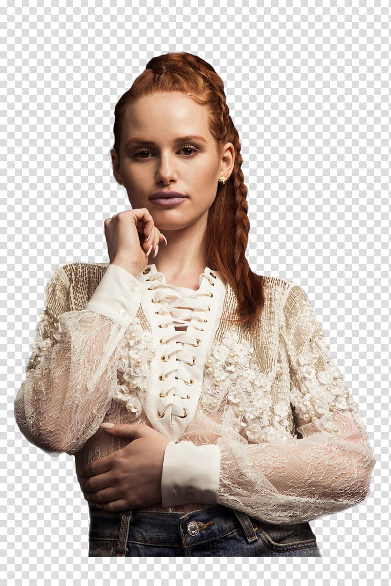 MADELAINE PETSCH, woman wearing white long-sleeved top and denim bottoms transparent background PNG clipart