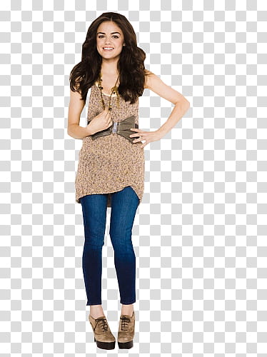 Lucy Hale, woman wearing brown sleeveless tunic smiling transparent background PNG clipart