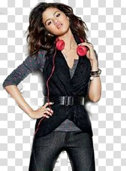 Selena Gomez, Selena Gomez in grey and pink polka-dot long-sleeved shirt with red headphones transparent background PNG clipart