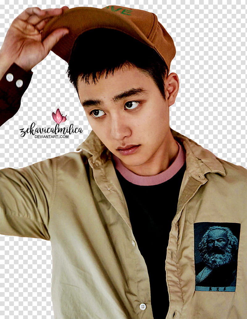 EXO D O Lucky One, man holding brown flat-brimmed cap transparent background PNG clipart
