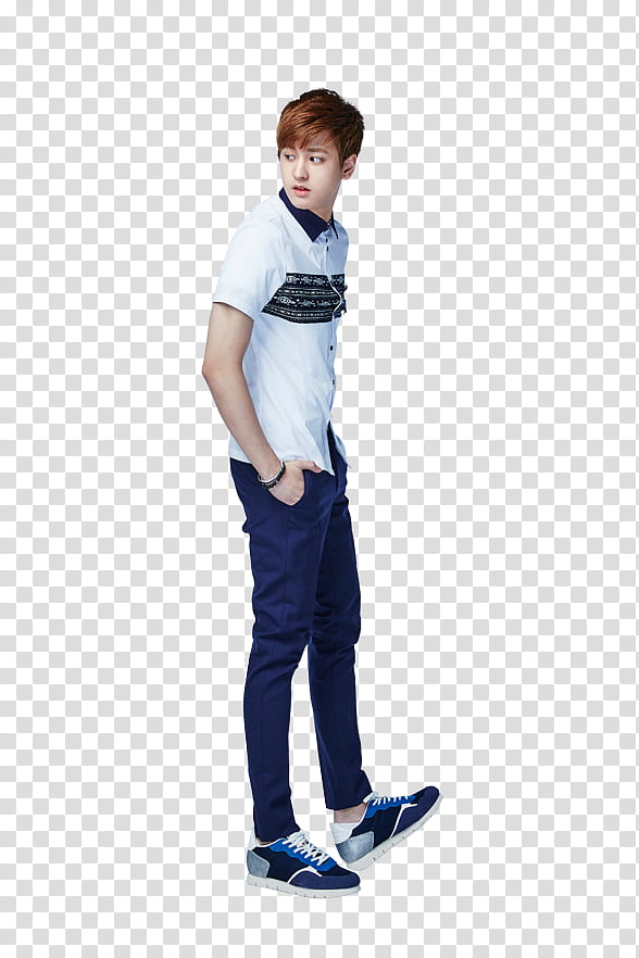 iKON Smart P, man wearing white polo shirt and blue pants hands on pockets transparent background PNG clipart