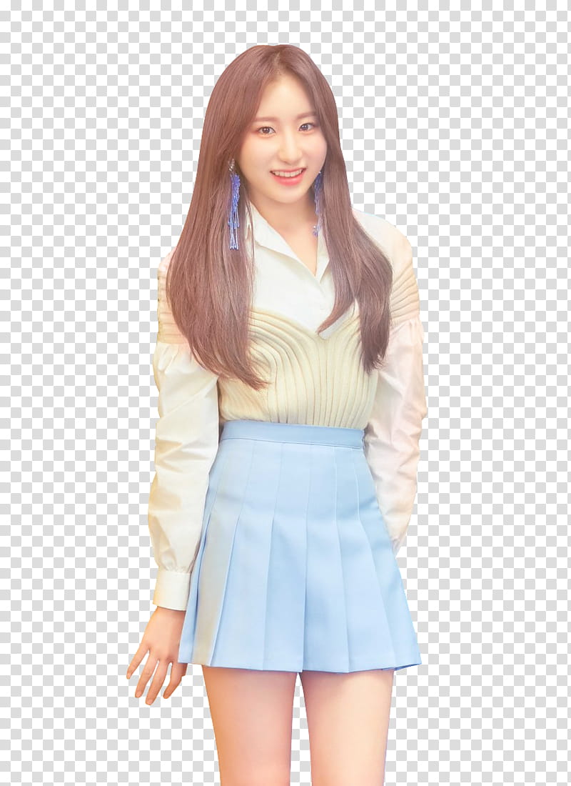CHAEYEON COLOR IZ IZ ONE, smiling woman wearing white and gray long-sleeved shirt and blue skrit transparent background PNG clipart