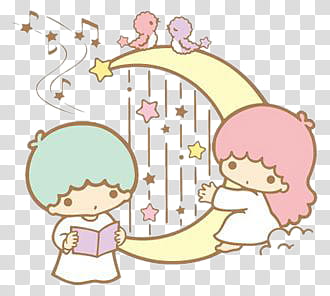 Little Twin Stars, boy reading book near girl on crescent moon illustration transparent background PNG clipart