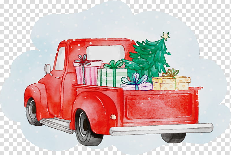 Christmas tree, Christmas Tree Car, Watercolor, Paint, Wet Ink, Vehicle, Antique Car, Pickup Truck transparent background PNG clipart
