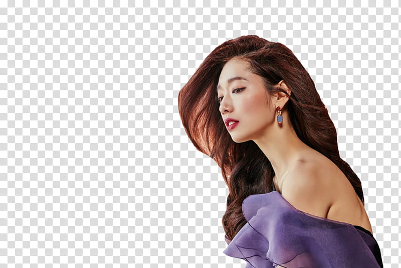 Park Shin Hye ELLE P, woman wearing purple off-shoulder top transparent background PNG clipart