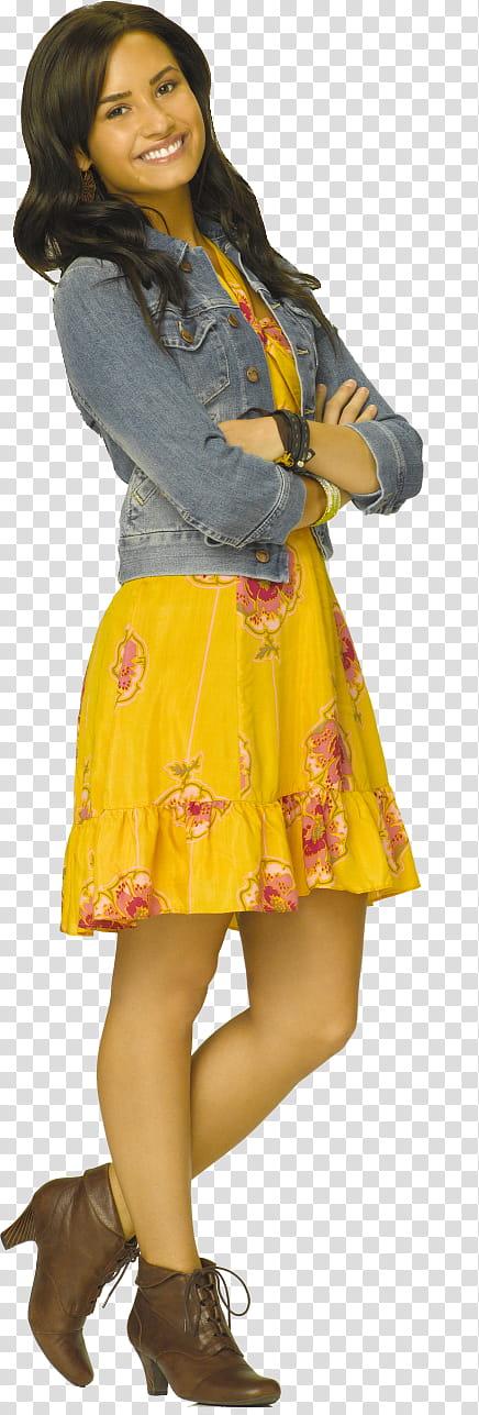 Demi Lovato, smiling Demi Lovato wearing yellow-and-red floral mini dress and gray denim button-up jacket transparent background PNG clipart