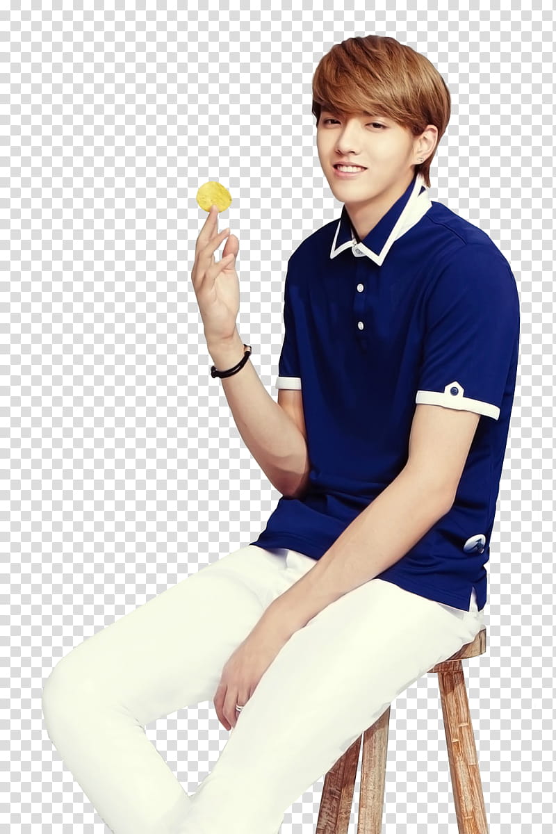 EXO Ivy Club, man in blue and white collared shirt sitting on brown wooden stool transparent background PNG clipart