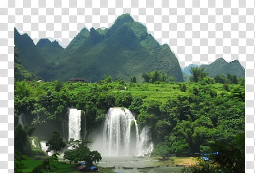 Mountains , waterfall near green trees transparent background PNG clipart