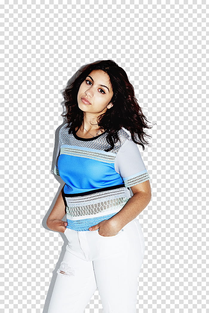BIG MODEL, woman wearing white, gray, and blue top and white denim bottoms with hands in pocket transparent background PNG clipart