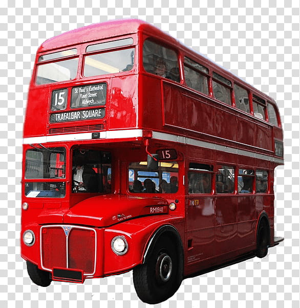 London, red bus with people inside art transparent background PNG clipart