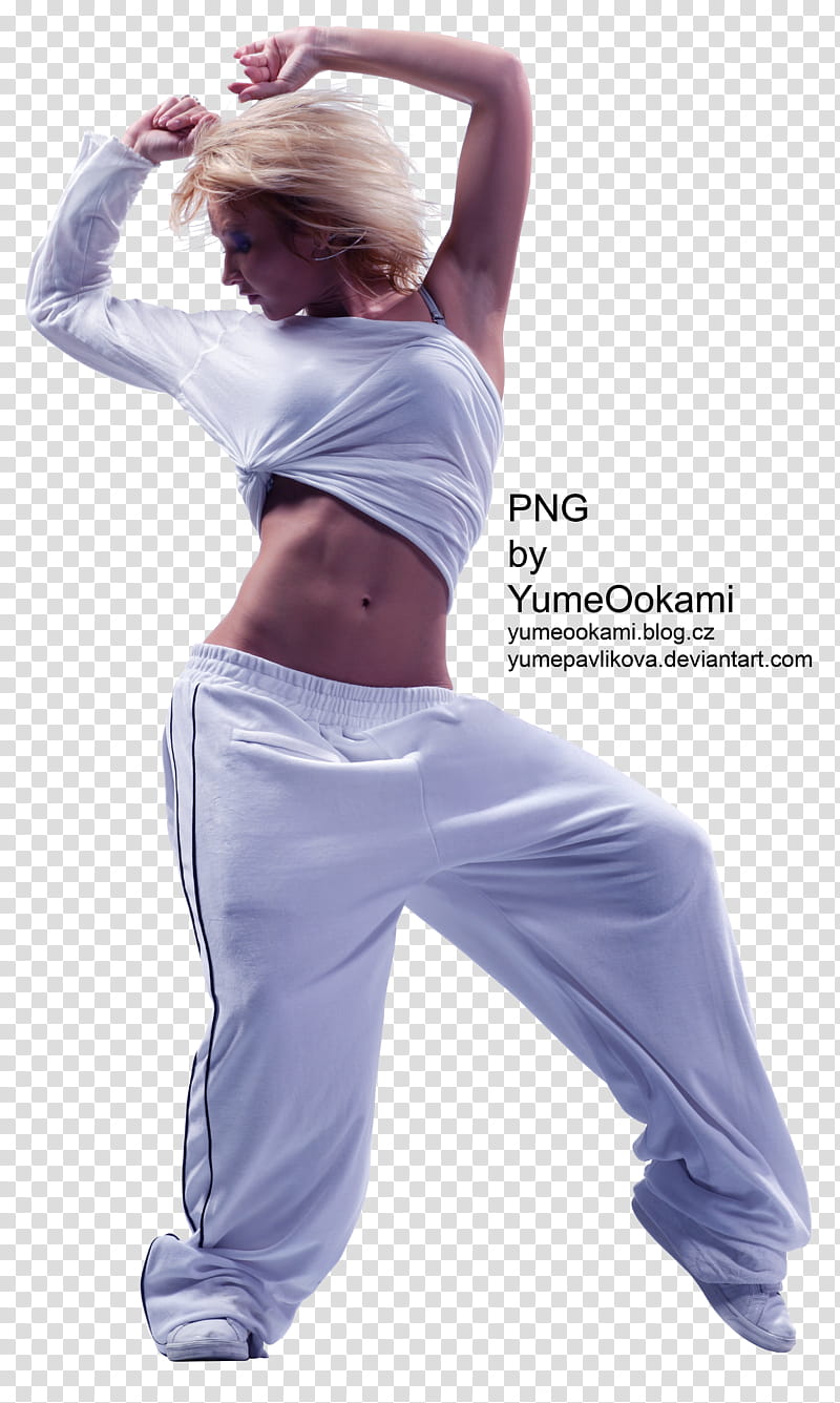 DANCER, woman in white asymmetrical crop top and black sweatpants transparent background PNG clipart