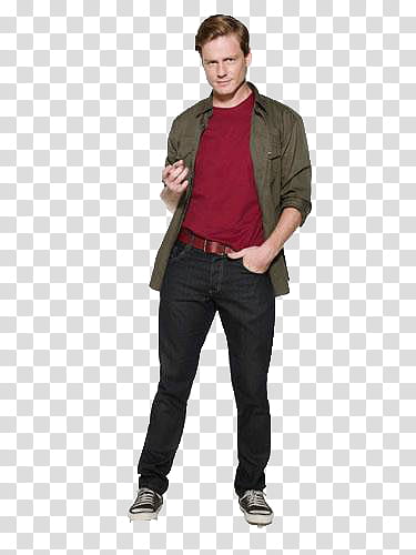 man wearing red shirt and green dress shirt with black pants transparent background PNG clipart