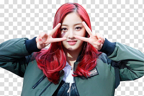 Twice Jihyo, woman wearing green jacket and doing peace sign transparent background PNG clipart