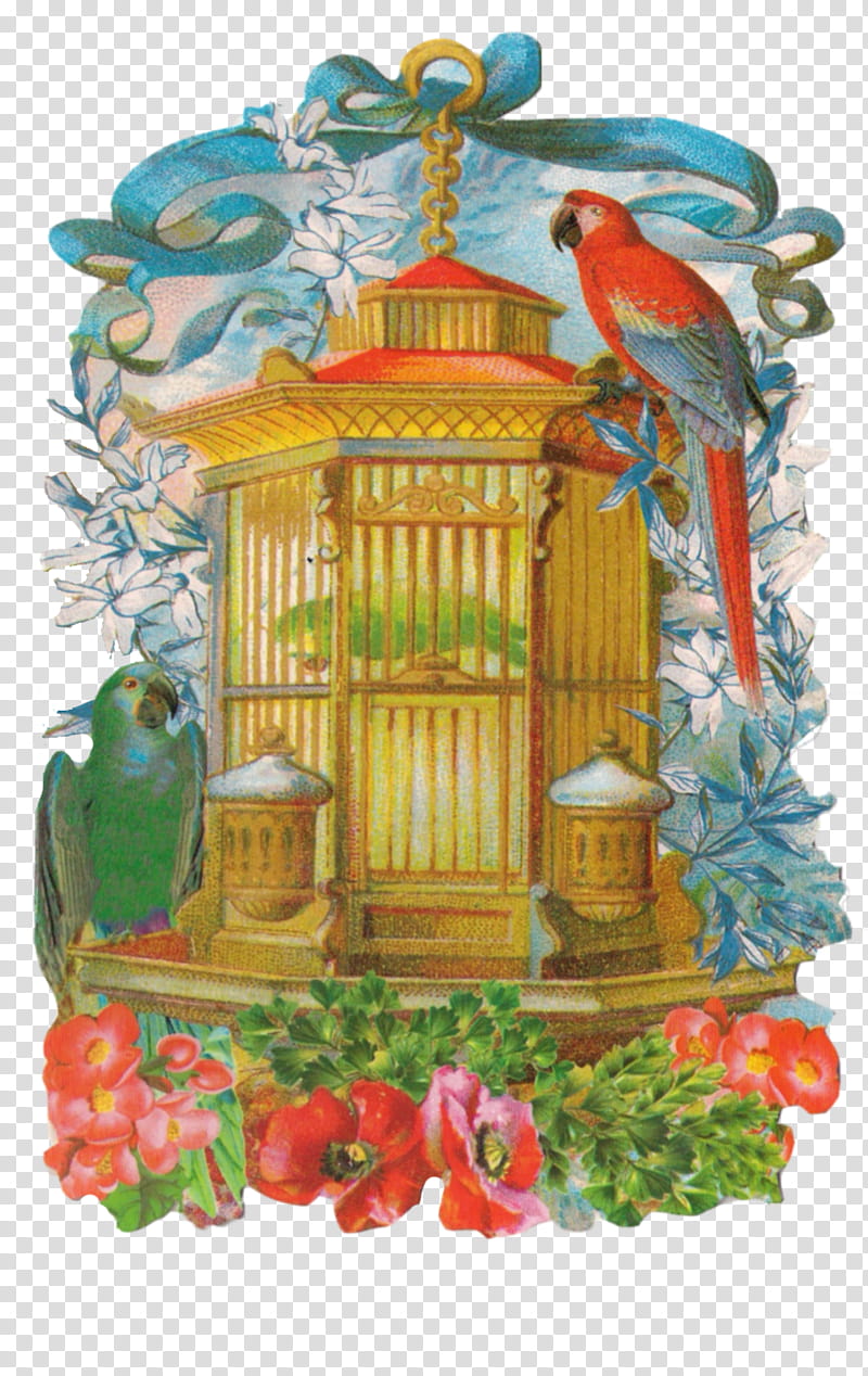 Vintage valentines clips, two parrots on cage illustration transparent background PNG clipart