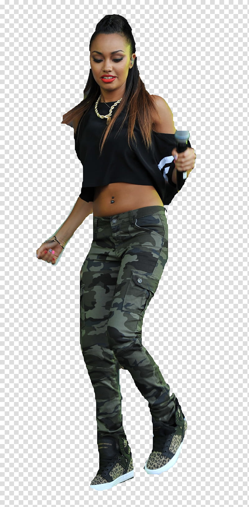 woman in black crop-top and woodland camouflage pants transparent background PNG clipart