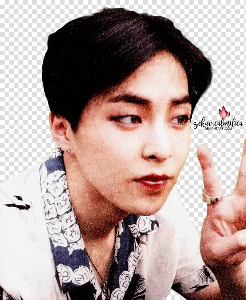 EXO Xiumin The War, man in white and blue floral collared shirt doing peace sign transparent background PNG clipart