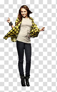 s, Miley Cyrus in gray shirt, yellow and black plaid button-up shirt, and black pants transparent background PNG clipart