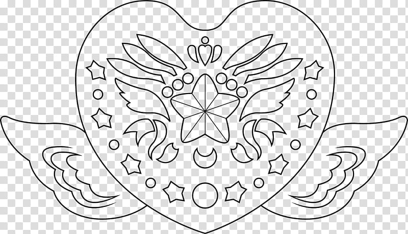 Moon Eternal Brooch Opened Line Art, white and black heart shape with wings transparent background PNG clipart