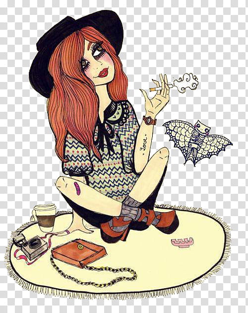 RAR, red-haired female character sitting and smoking cigarette illustration transparent background PNG clipart