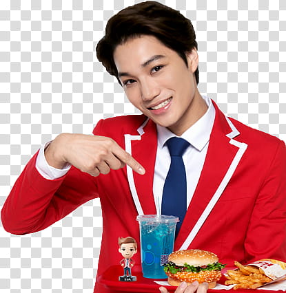 EXO KFC CHINA, man wearing red and white notched lapel suit blazer pointing ham burger on his left hand transparent background PNG clipart