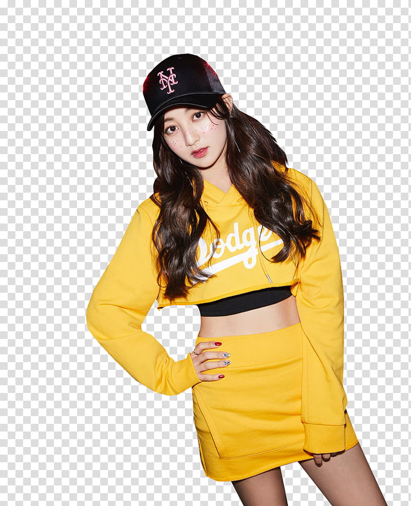 JIHYO TWICE, woman in yellow long-sleeved shirt and skirt transparent background PNG clipart