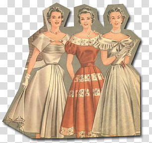retro vintage fashion, three women each wearing dress cutout transparent background PNG clipart