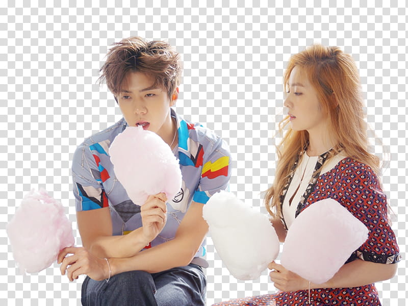 Ceci Sehun Irene P, Exo Sehun holding cotton candy beside woman transparent background PNG clipart