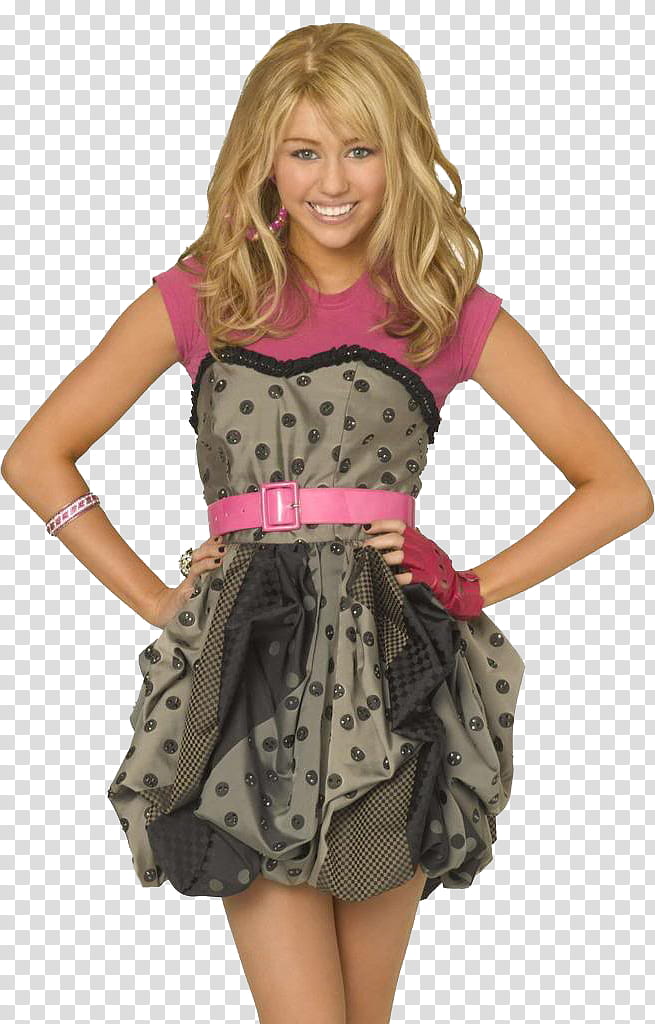 Hannah Montana, smiling Miley Cyrus with hands akimbo transparent background PNG clipart