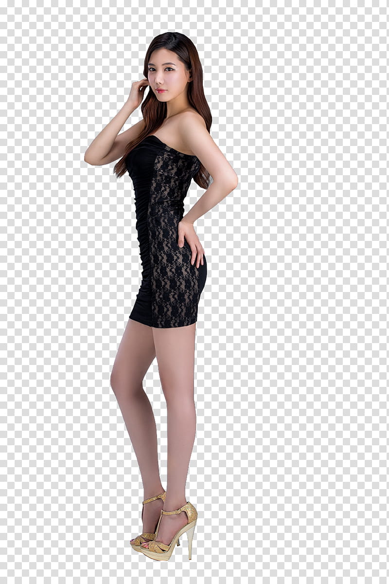 woman wears black lace strapless bodycon dress and heeled sandals transparent background PNG clipart