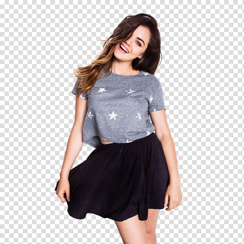 Lucy Hale, smiling woman wearing gray and white star-print crew-neck shirt and black miniskirt transparent background PNG clipart