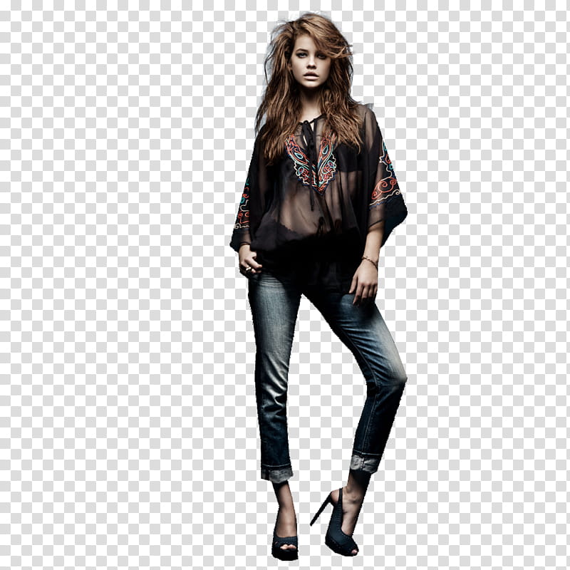 Barbara Palvin, woman wearing black chiffon blouse and blue denim jeans transparent background PNG clipart