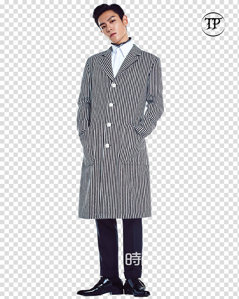 Bigbang Choi Seung hyun T O P, standing man wearing black and white striped coat transparent background PNG clipart