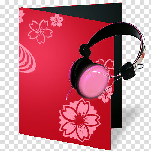 Sakura OS Icons, my music, pink and black corded headphones folder illustration transparent background PNG clipart