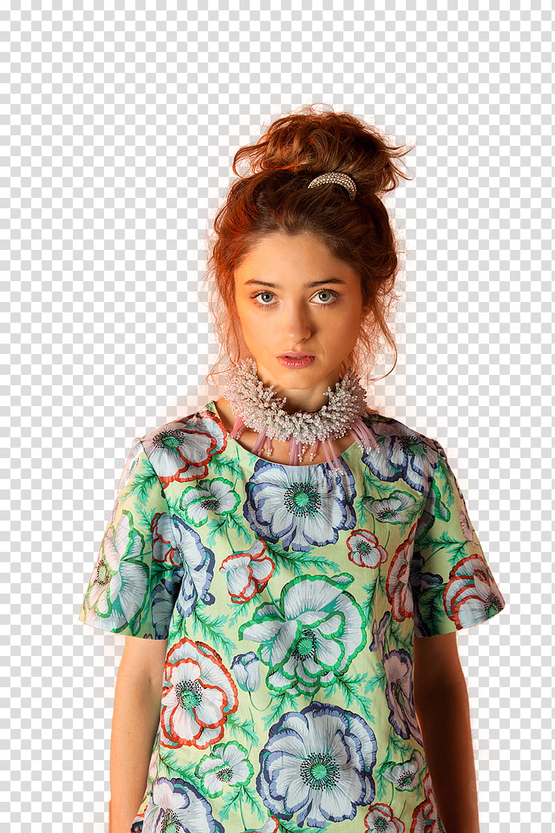 Natalia Dyer, woman wearing green and yellow floral top transparent background PNG clipart