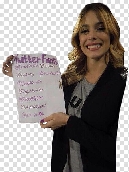 Martina Stoessel, woman holding twitter fans paper transparent background PNG clipart